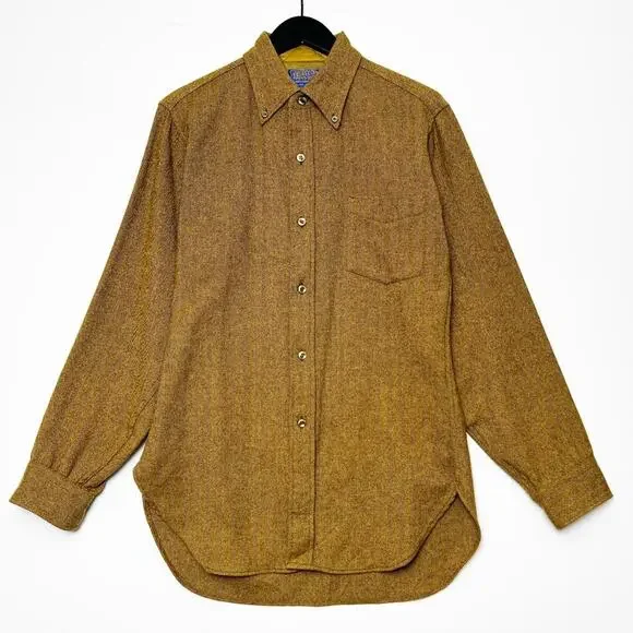 Vintage 1960s Pendleton Wool Button Down Shirt Mustard Brown Mens M - Picture 1 of 9